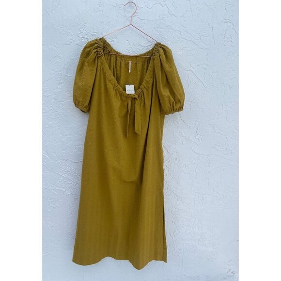 Free People Womens Crew Neck Puff Sleeves Long Dress Mustard Sz XSmall - Picture 1 of 11